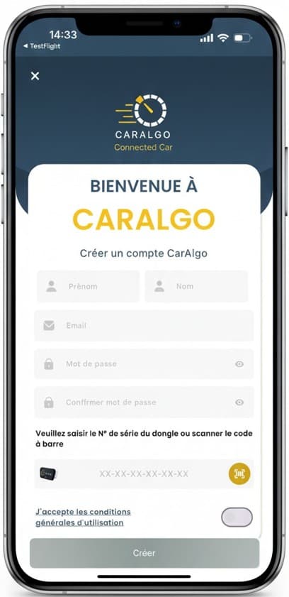 Écran de création de compte CarAlgo