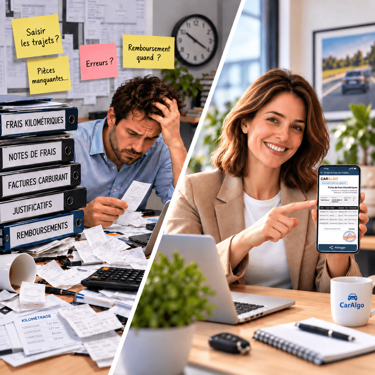 Avant CarAlgo, un salarié débordé par ses notes de frais ; avec CarAlgo, une professionnelle montre sa fiche de frais kilométriques certifiée sur son smartphone